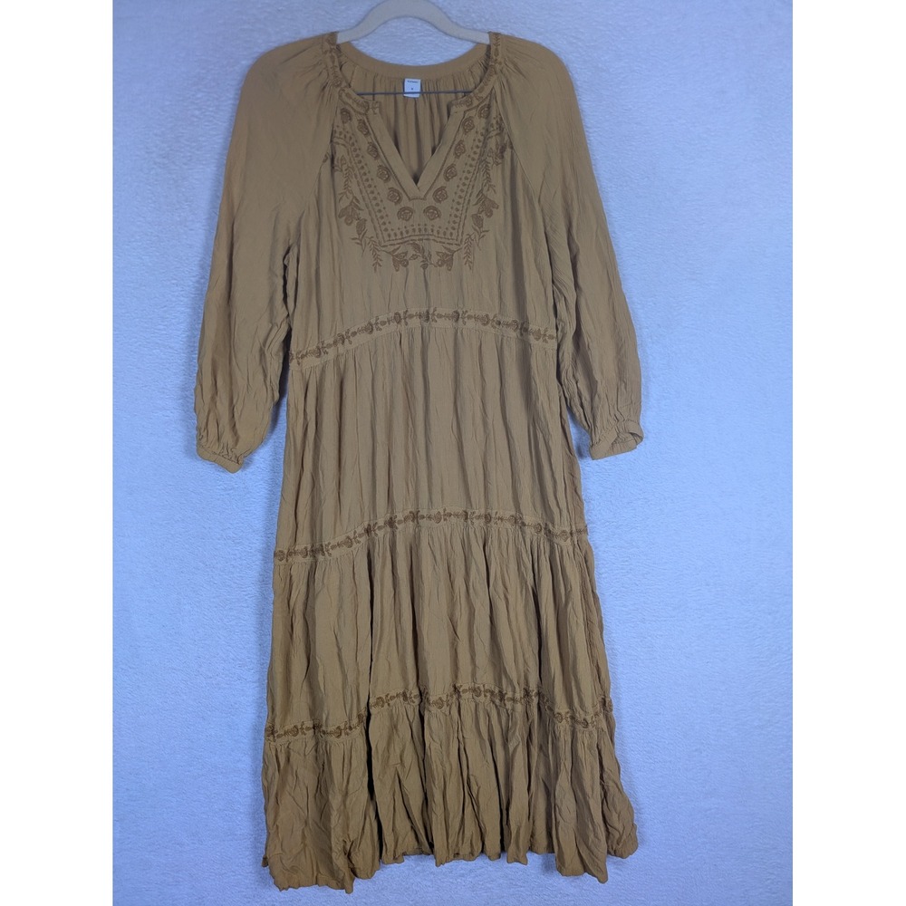 Old Navy Midi Dress Women's M Mustard Yellow Embroidered Tiered Long Sleeve Boho